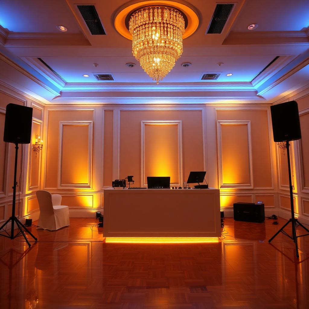 Cabina blanca con bocinas JBL e iluminación cálida