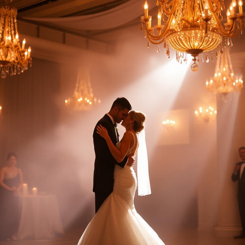 Primer baile de novios con humo bajo y chandelier