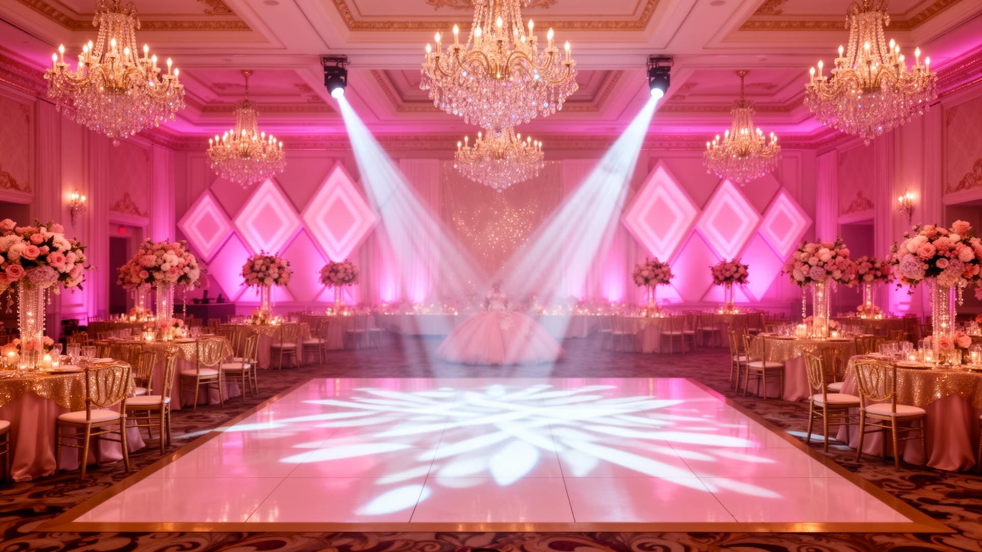 Salón de quinceañera con iluminación rosa