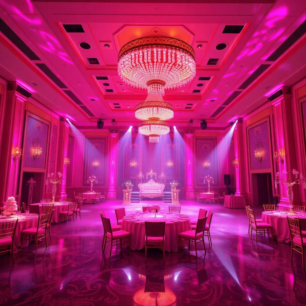 Salón XV años con candelabro e iluminación rosa